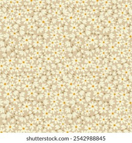 Retro floral pattern in small decorative flowers. Small white flowers. Ivory beige background. Ditsy print. Floral seamless background ditsy pattern in small cute chamomile flowers.