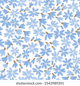 Retro floral pattern in small decorative chamomile flowers. Small light blue flowers. White background. Ditsy print. Floral seamless background ditsy pattern in small cute wild flowers.