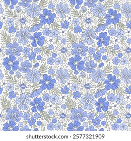 Retro floral pattern in small decorative flowers. Small blue and white flowers. White background. Ditsy print. Floral seamless background ditsy pattern in small cute  hand drawing flowers.