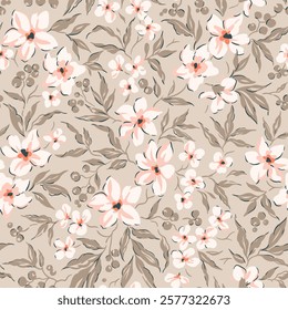 Retro floral pattern in small decorative flowers. Small white pink  flowers. Pale beige background. Ditsy print. Floral seamless background ditsy pattern in small cute wild flowers.