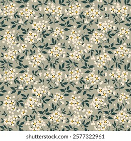 Retro floral pattern in small decorative flowers. Small white flowers. Gray background. Ditsy print. Floral seamless background  pattern in small cute wild flowers. Ditsy style template for prints.