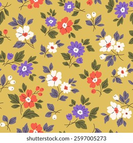 Retro floral pattern in small decorative flowers. Small blue, red and white flowers. Mustard gold background. Ditsy print. Floral seamless background ditsy pattern in small cute vintage flowers.