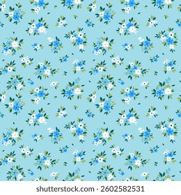 Retro floral pattern in small decorative flowers. Small blue and white flowers. Light blue background. Ditsy print. Floral seamless background ditsy pattern in small cute spring flowers.