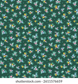 Retro floral pattern in small decorative flowers. Small blue, yellow pink flowers. Dark green background. Ditsy print. Floral seamless background ditsy pattern in small cute abstract flowers.