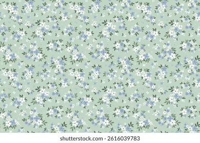 Retro floral pattern in small decorative flowers. Small blue and white flowers. Light blue background. Ditsy print. Floral seamless background ditsy pattern in small cute spring flowers. Stock print