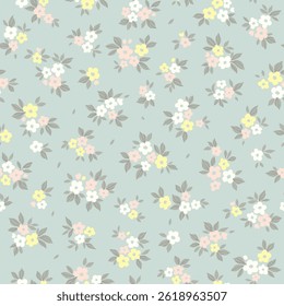 Padrão floral retrô em pequenas flores decorativas. Pequenas flores de pastel. Fundo azul claro. Impressão de Ditsy. Padrão de sujeira de fundo sem costura floral em pequenas flores de primavera bonitinhas. Impressão de vetor de estoque