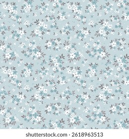 Padrão floral retrô em pequenas flores decorativas. Pequenas flores brancas e azuis. Fundo azul pastel. Impressão de Ditsy. Padrão de ditsy plano de fundo sem costura floral em pequenas flores abstratas bonitos. Ação 
