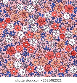 Retro floral pattern in small decorative flowers. Small red and white flowers. Light pink background. Ditsy print. Floral seamless background ditsy pattern in small cute spring flowers. Stock vector