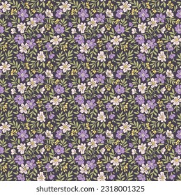 Retro floral pattern in small flowers. Small lilac and white flowers. Dark violet background. Ditsy print. Floral seamless background. Elegant template for fashion prints. Stock pattern.