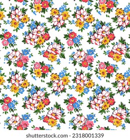 Retro floral pattern in small flowers. Small yellow, pink and blue flowers. White background. Ditsy print. Floral seamless background. Elegant template for fashion prints. Stock pattern.