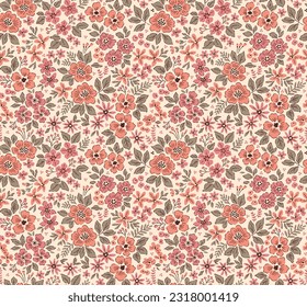 Retro floral pattern in small flowers. Small terracotta flowers. Beige ivory background. Ditsy print. Floral seamless background. Vintage template for fashion prints. Stock pattern.