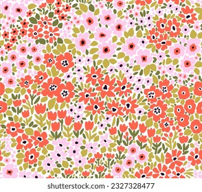 Retro floral pattern in small flowers. Small pink and red flowers. White background. Ditsy print. Floral seamless background. Elegant template for fashion prints. Stock pattern.