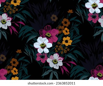 Retro floral pattern in small flowers. Small yellow, purple and white flowers. Black background. Ditsy print. Floral seamless background. Elegant template for fashion prints. Stock