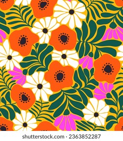 Retro floral pattern in small flowers. Small orange and white flowers. Yellow background. Retro hippie floral pattern. Trendy background in 70s style. Groovy cartoon flat vector illustration. 