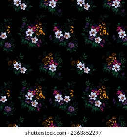 Retro floral pattern in small flowers. Small yellow, purple and white flowers. Black background. Ditsy print. Floral seamless background. Elegant template for fashion prints. Stock