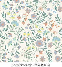 Retro floral pattern in small flowers. Small blue with purple and yellow and green leaf flowers. Light half white background. Ditsy print. Floral seamless background.  fashion prints and textile.