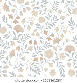 Padrão floral retrô em flores pequenas. Pequeno pastel bege com pastel leve e flores de folha verde. Fundo meio branco claro. Impressão de Ditsy. Fundo floral sem emenda. estampas de moda e têxteis.
