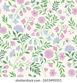 Padrão floral retrô em flores pequenas. Pequeno azul com flores de folha cor-de-rosa e verde. Fundo meio branco claro. Impressão de Ditsy. Fundo floral sem emenda. estampas de moda e têxteis.