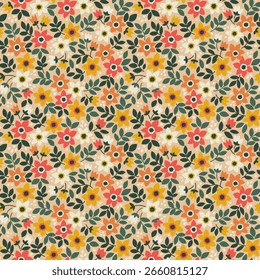 Retro floral pattern in small flowers. Small red and orange flowers. Light yellow background. Ditsy print. Floral seamless background. Cute vintage template for fashion prints. Stock floral pattern