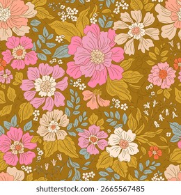 Patrón floral retro en Pequeñas flores. Pequeñas flores de color rosa y coral. Fondo de mostaza amarillo dorado. Impresión sucia. Fondo floral sin fisuras. Linda Plantilla vintage para estampados de moda. Patrón de stock