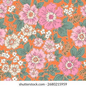 Retro floral pattern in small flowers. Small pink and cream corol flowers. Orange background. Ditsy print. Floral seamless background. Cute vintage template for fashion prints. Stock floral pattern 