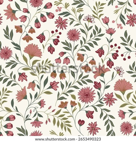 Retro floral pattern in small flowers. Small pink and green leaf flowers. Light half white background. Ditsy print. Floral seamless background. The elegant the template for fashion prints and textile.