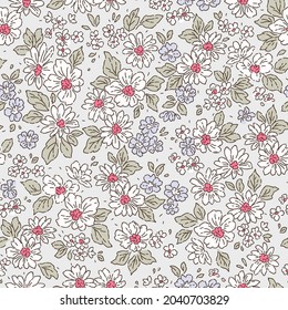 Retro floral pattern in small realistic flowers. Small white flowers. Light gray background. Liberty style print. Floral seamless background. The elegant the template for fashion prints.