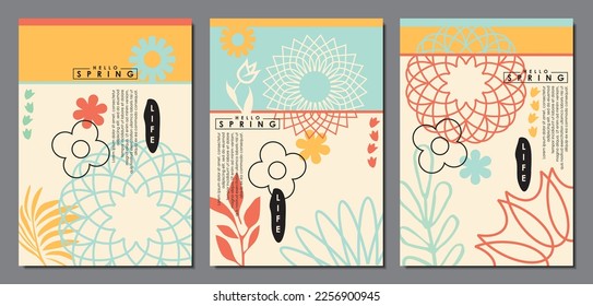 Retro floral pattern with spring flowers and plants with ornament graphics. Backdrop placard illustration for card or notebook cover design. Hello spring vector garden and flowers.