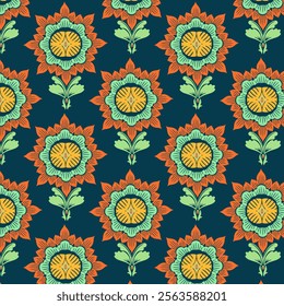 A retro floral pattern with a symmetrical arrangement of stylized flowers in vibrant shades of orange and green. This vintage-inspired design exudes a nostalgic aesthetic, perfect for graphic design.