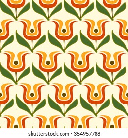Retro floral pattern with tulips and leaves. Modern yellow, red color flowers graphic on white background

