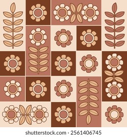 Retro Floral Pattern with vintage flowers and leaves in warm beige and brown tones. Minimal impactful backdrop in Mocha Mousse color year 2025. Vector illustration. Perfect for modern design