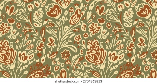 Patrón floral retro con tonos cálidos de la tierra para el diseño textil