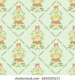 Retro Floral Patterns With Elegant Botanical Arrangements. Beautiful seamless pattern combining floral motifs and geometric shapes. Ideal for textile prints, packaging, invitations, and background.
