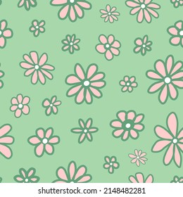 Retro floral petal seamless repeat pattern. Random placed, vector hand drawn all over surface print on pastel green background.