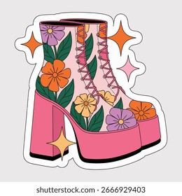 Adesivo de bota de plataforma floral retro isolado no fundo branco, apresentando um design groovy com flores, estrelas e um estilo vintage, perfeito para adicionar um toque de moda hippie