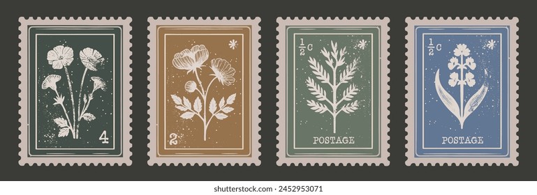 Retro Floral Postage Stamp Collection. Set of Vintage Scrapbooking Post Mail Elements