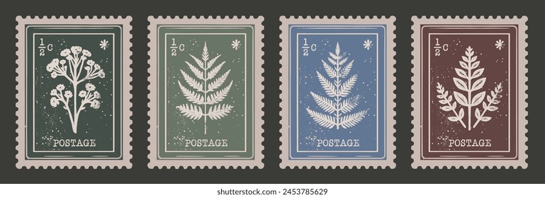 Retro Floral Postage Stamp Collection. Set of Vintage Scrapbooking Post Mail Elements