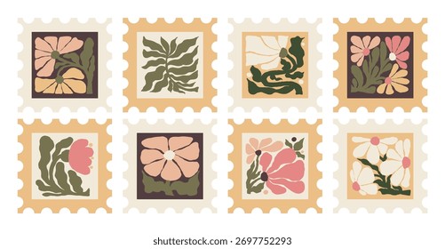 Conjunto de Carimbos de Postagem Floral Retro. Vintage padrões quadrados Flores e folhas em cores pastel. Desenho De Mão Ingênuo Isolado. Ilustração vetorial. Não gerado pela IA