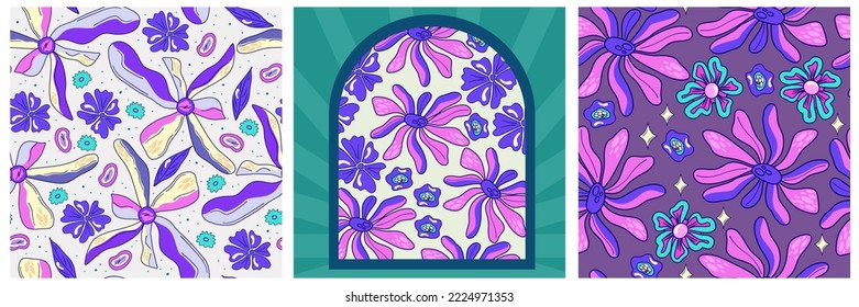 Retro floral poster set trippy y2k design. Spring floral pattern. Vector abstract drawing. Abstract wall trippy background. Interior print