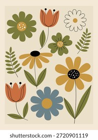 Cartaz floral retrô com flores modernas simples e planas do meio do século