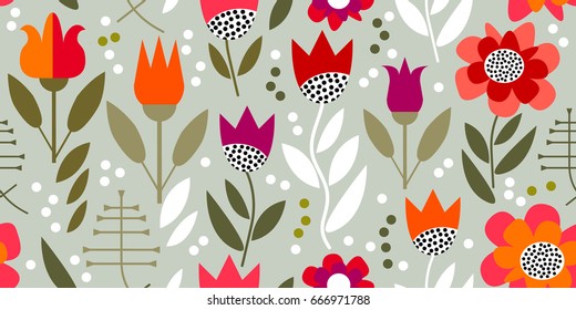 Retro floral print with geometric elements. Seamless vector pattern inspired by 1950s textile design. Poppies and tulips on grey background.