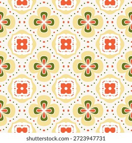 Retro Floral Quatrefoil Seamless Pattern in Olive and Coral