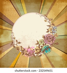 Retro floral round frame over old paper background