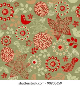 retro floral seamless background with birds