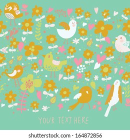 Retro floral seamless background in vector. Cute birds in flowers