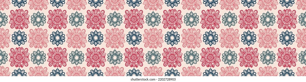 Retro floral seamless border. 70s style wildflower garden banner. Earthy decorative botanical blossom edging. 