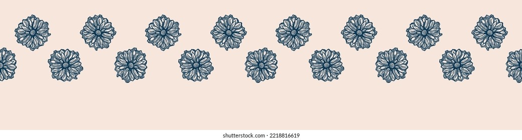 Retro floral seamless border. 70s style wildflower garden banner. Earthy decorative botanical blossom edging. 