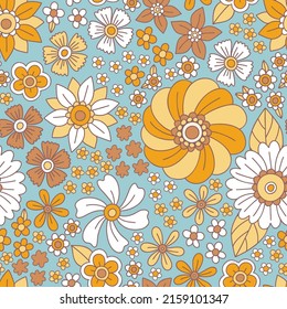 Retro floral seamless pattern in 70s 60s style. Flower Child, Hippie Style, summer floral background. Groove flowers texture of the seventies for printing fabrics, textiles, paper. Vector.