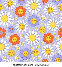 Retro floral Seamless pattern with 70s, 80s vibes groovy elements. Stickers nostalgia cartoon funky flower power, daisy flowers, chamomile, smiley face on light purple background. Vector illustration