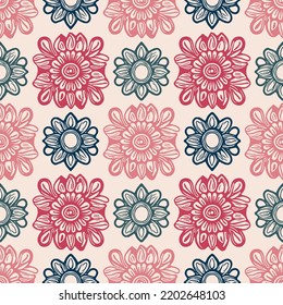 Retro floral seamless pattern. 70s style wildflower garden wallpaper. Earthy decorative botanical blossom tile. 